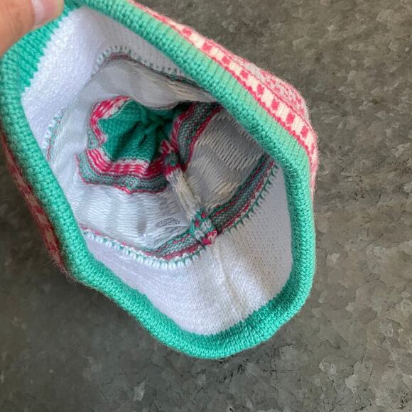 Vintage Fair Isle Wool USA Beanie Hat Cap Mint Green Pink Pom Pom Kidcore Candy - Picture 5 of 8